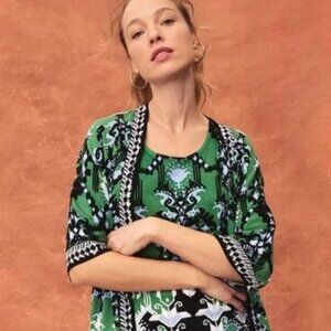 Chico's Open Front Linen Blend Cardigan Tribal Bohemian Print Green Black, Large